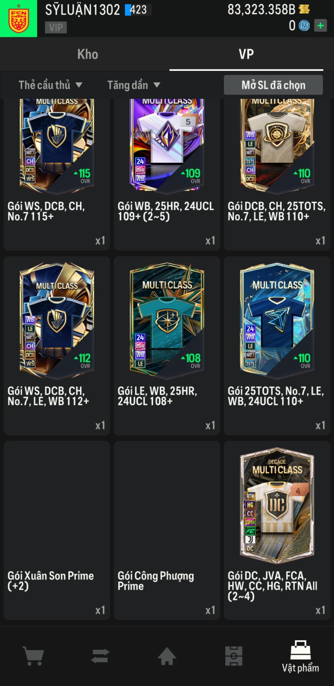 Ảnh ACC mở thẻ (LOẠI SVIP PROMAX) bao gồm có 01 thẻ +12, 03 thẻ PRIME (QH+, CP+, XS+) và hơn 1600+ đến 3500+ thẻ cầu thủ từ Siêu sao đến Miền núi các loại. Acc có sẵn BP trắng từ 55.000 tỷ BP đến 90.000 tỷ BP